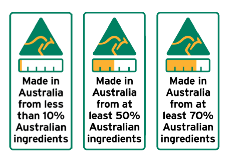 Made in Australia from less than 10% Australian ingredients. - Made in Australia from at least 50% Australian ingredients. - Made in Australia from at least 70% Australian ingredients.